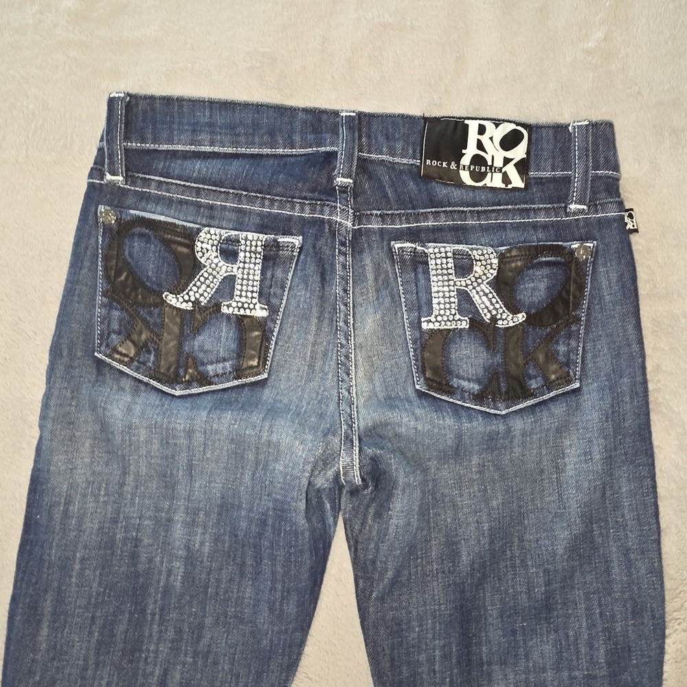 ROCK & REPUBLIC STELLA CRYSTAL & LEATHER BENDER SOIREE BLUE STL2474 JEANS 26